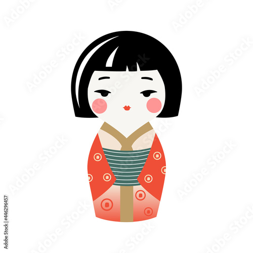 Cute Kokeshi doll in kimono. Traditional japanese souvenir. Vector kawaii kimono girl.
