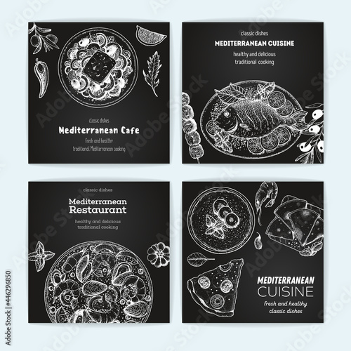 Mediterranean food banner collection. Food menu design template. Vintage hand drawn sketch, vector illustration. Engraved style illustration. Mediterranean cuisine sketch.