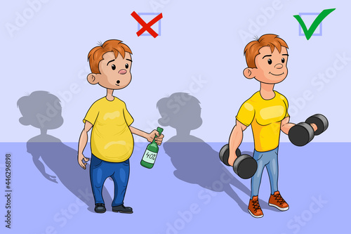 Stop alcohol. Don't drink alcohol. Healthy lifestyle. Fitness and health. Vector illustration about the benefits of a healthy lifestyle. Cartoon style. Choose a healthy lifestyle.