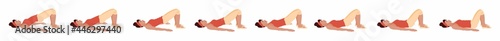 Young adult women doing yoga. Kegel exercise animations. Half bridge exercise. Step by Step Vector cartoon flat instructions how to do the short bridge exercise. 