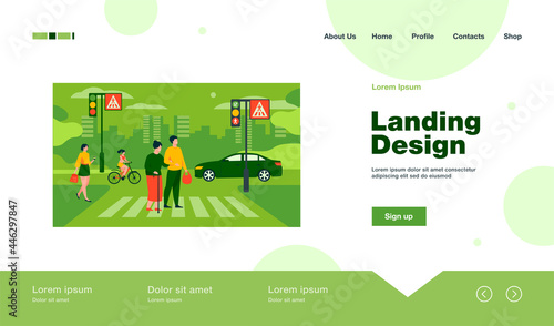Young man helping old woman crossing road flat vector illustration. Cartoon elderly walking town crosswalk with help of guy. Urban lifestyle and cityscape concept