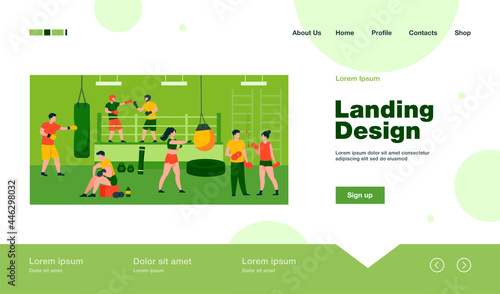 Men and women training in boxing club, exercising with punch bags, sparing on ring, lifting weight. For fight club, sport, active lifestyle concept