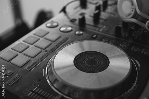 Audio Equipment for events. DJ control panel. Sound, celebration and concert concept. Selective focus. Close up. Black and white.