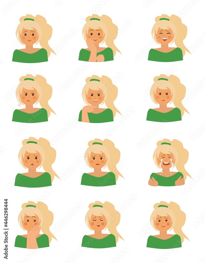 Young girl making different face expressions set with green shirt Happy, angry, sad, in love Young girl making different face expressions set with green shirt Happy, angry, sad, in love