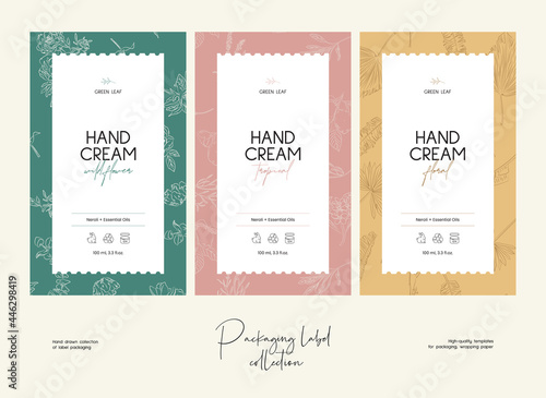 Hand drawn line art cosmetics vector label design template. Beauty illustration of elegant signs and badges for beauty, natural cosmetics, wellness, creative agency, fashion, wedding