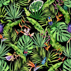 Papier peint photo Jungle Fleurs feuilles tropicales fond noir aquarelle  © AnjeseAnna