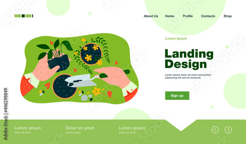 Hands of florist taking care about plants in pots, holding houseplant and digging soil with shovel. Vector illustration for home interior, decoration, floristry, gardening job in greenhouse concept