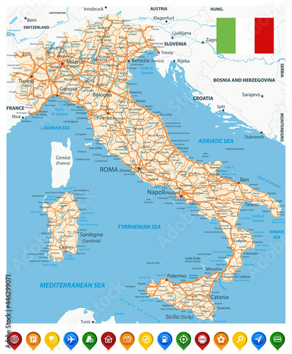 Italy Road Map and Colored Map Pointers
