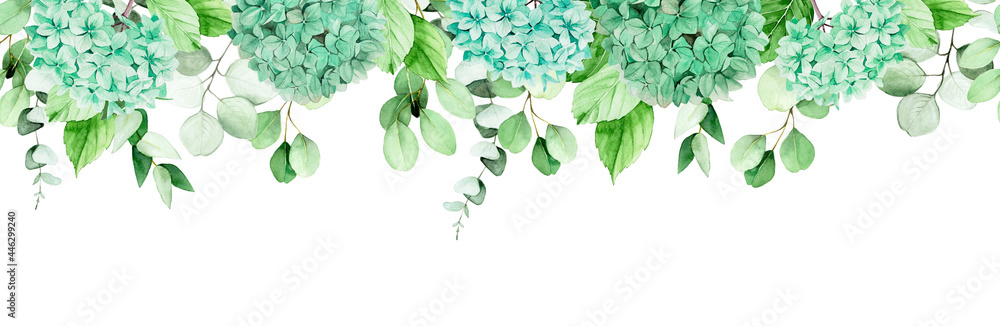 watercolor seamless border, frame, banner with blue hydrangea flowers and eucalyptus branches and leaves. isolated on white background border in vintage style, decoration for wedding, postcards