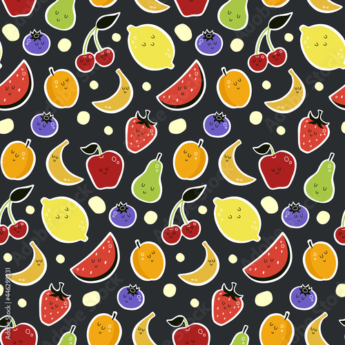 vector seamless pattern with cartoon fruits. apricot, cherry, watermelon, pear, berries, strawberry, apple, lemon, banana. food background. print for clothes, textiles, notebooks, packaging paper