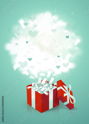 Red gift box with clouds, gift card template. Box with confetti and fluffy cl...