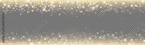 Gold glitter background. Glowing light on transparent backdrop. Christmas particles with bokeh. Luxury banner template with golden dust. Wide poster with bright elements. Vector illustration