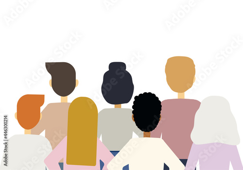 Illustration of a large number of people of different nationalities stand with their backs