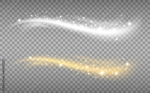 Gold and silver waves with particles. Luxury elements with glitter. Glowing light effect on transparent background for poster or brochure. Vector illustration