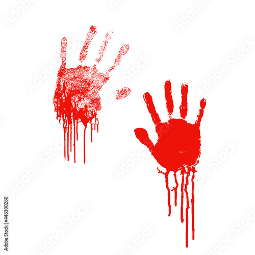 Bloody silhouettes of human palm prints with blood stains on white
