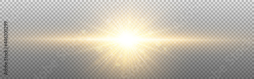 Sun light on transparent backdrop. Realistic glowing light effect. Gold star with rays. Abstract burst with golden particles and glitter. Vector illustration