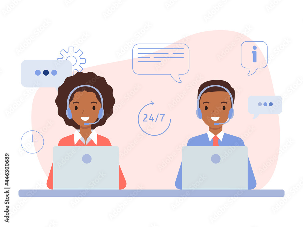 African American girl and guy wearing in headphones, the concept of a call center and online customer support. African American girl and guy wearing in headphones, the concept of a call center and online customer support.