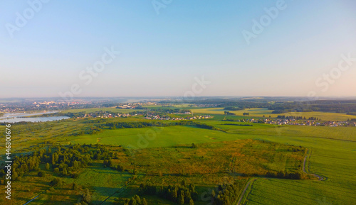 Aerial view of green summer landscape with fields