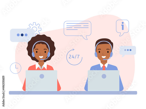 African American girl and guy wearing in headphones, the concept of a call center and online customer support.