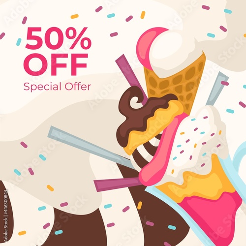 Ice cream 50 percent off, special offer on dessert