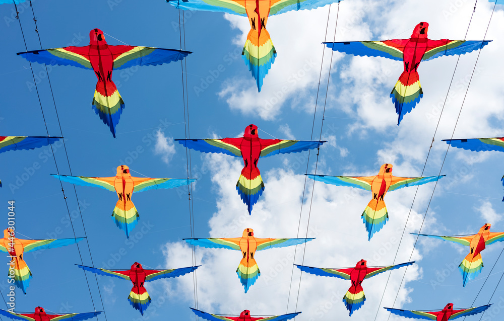 colored parrots made of paper against the blue sky. Colorful background, texture