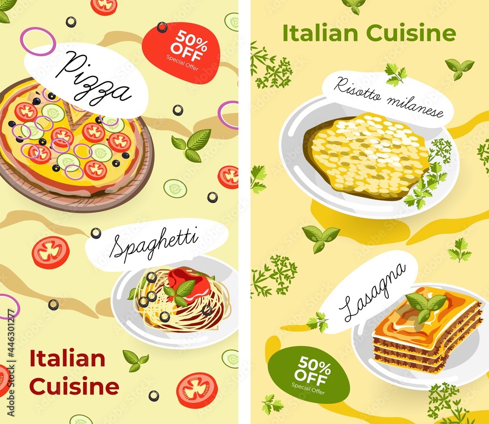 Italian cuisine, menu and promotions with sales