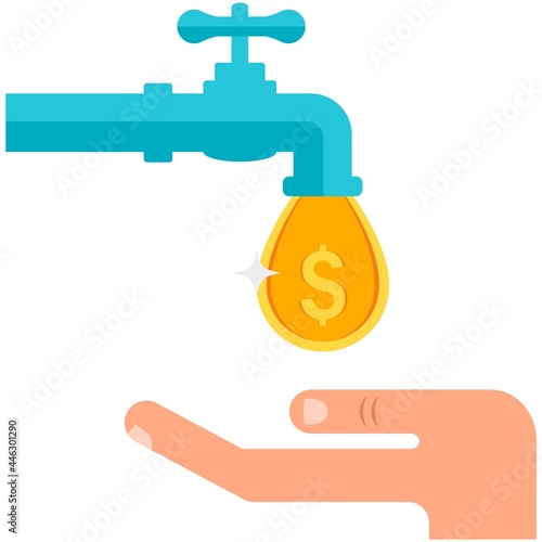 Vector money tap with faucet and coin drop flat illustration