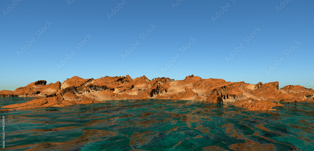 Barren 3D Rendered Desert Island Landscape with Clear Sky