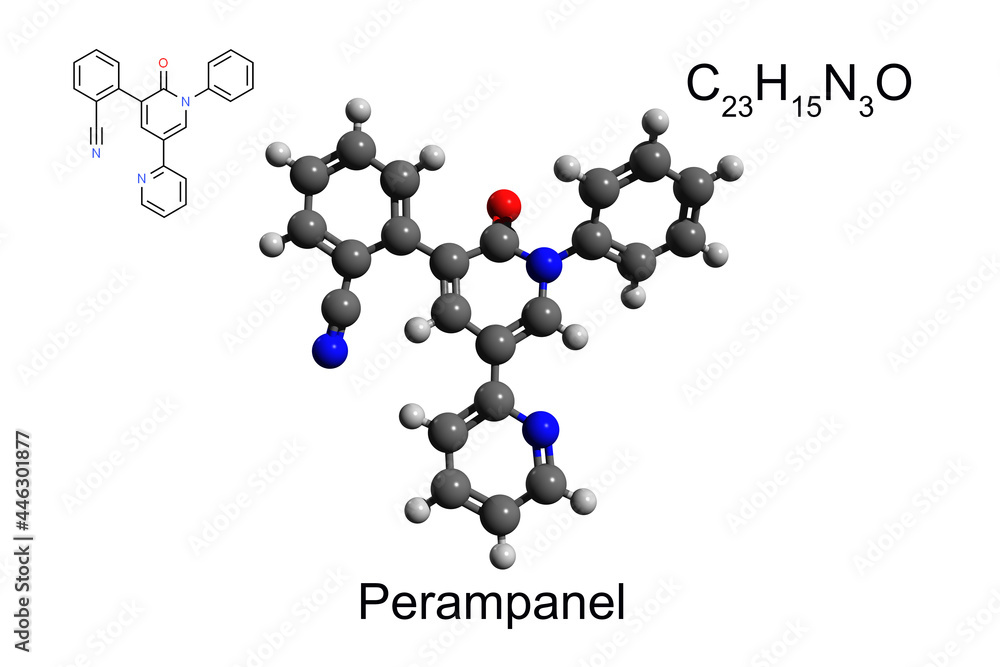 Chemical formula, skeletal formula, and 3D ball-and-stick model of anti-epileptic medication perampanel, white background Chemical formula, skeletal formula, and 3D ball-and-stick model of anti-epileptic medication perampanel, white background