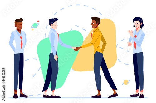 Office workers Celebrates Team success with handshake, cheering and smiling. Diverse team of business people Teamwork concept. Cartoon vector illustration.