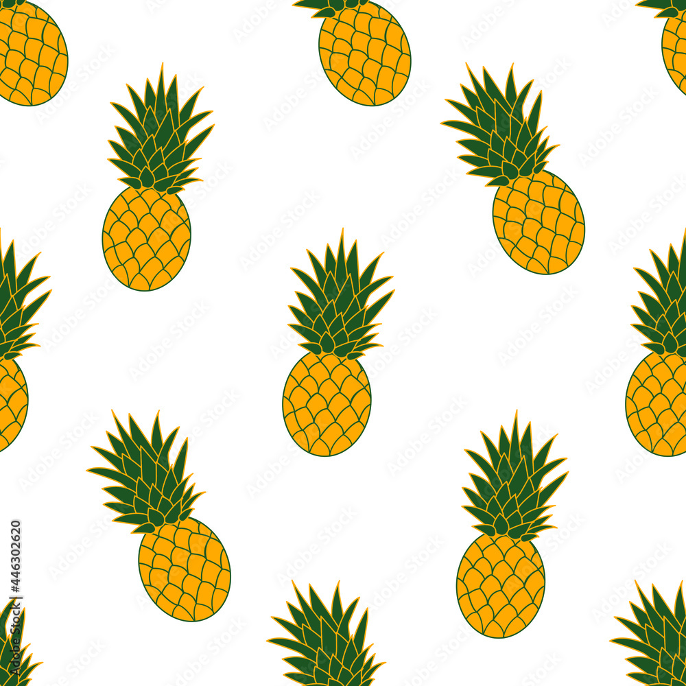 Pineapples tropical seamless pattern. Abstract pineapple fruits on a white background. Fruit design for packaging, fabric, menu, website. Vector illustration repeat pineapple. Pineapples tropical seamless pattern. Abstract pineapple fruits on a white background. Fruit design for packaging, fabric, menu, website. Vector illustration repeat pineapple.