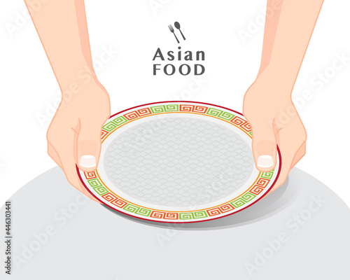 Hands holding empty plate over a table, isolated vector illustration