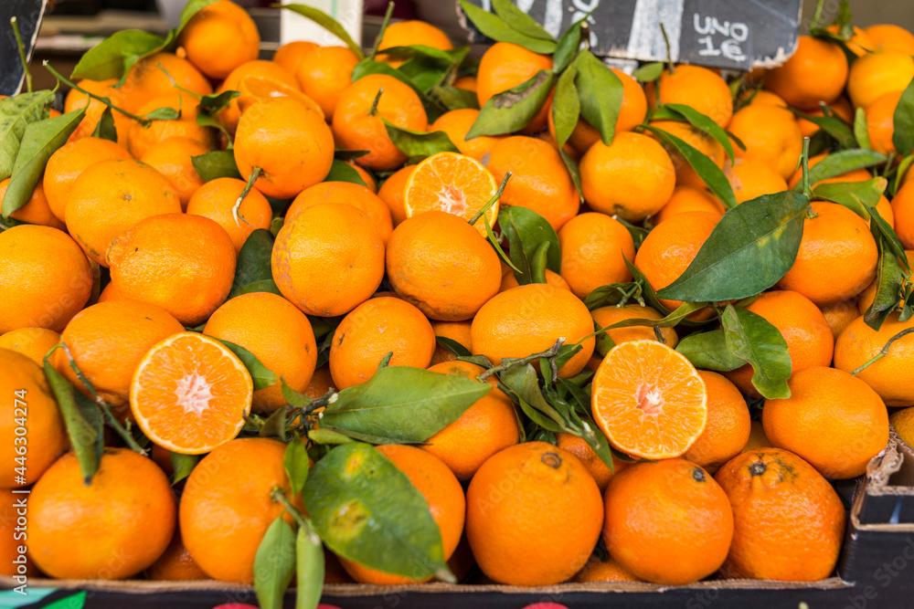 Oranges displayed in the market.