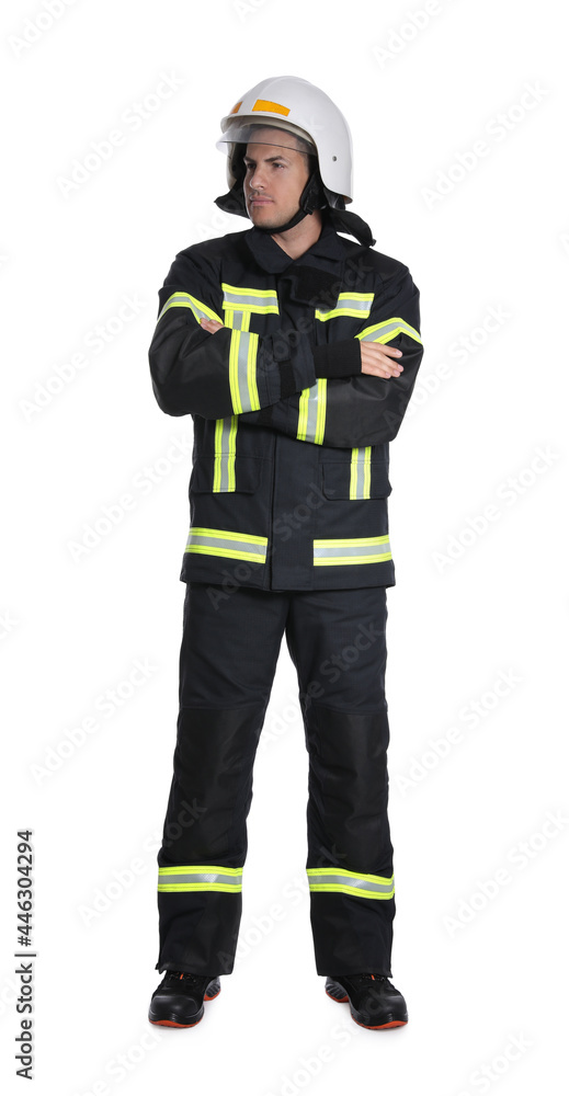 Full length portrait of firefighter in uniform and helmet on white background Full length portrait of firefighter in uniform and helmet on white background