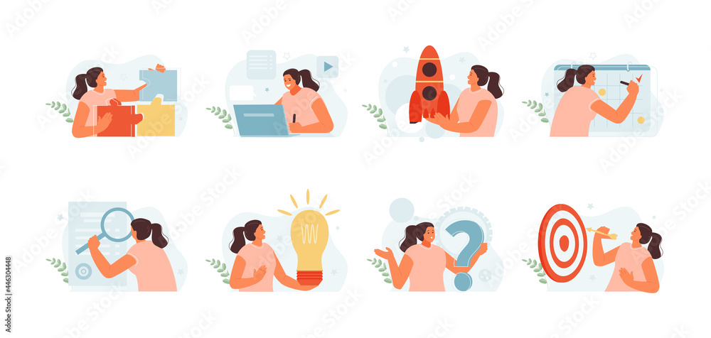 Fototapeta premium Character business woman in different situations. Search solutions, scheduling, tasks, start up, creative idea. Vector web template set