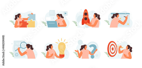 Character business woman in different situations. Search solutions, scheduling, tasks, start up, creative idea. Vector web template set