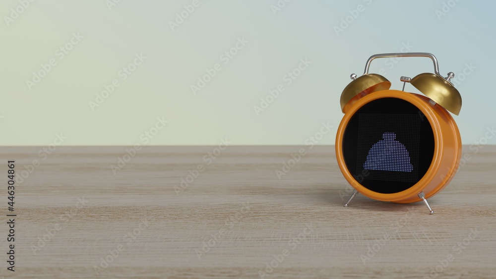 3d rendering of color alarm clock with symbol of concierge bell on display on table 3d rendering of color alarm clock with symbol of concierge bell on display on table
