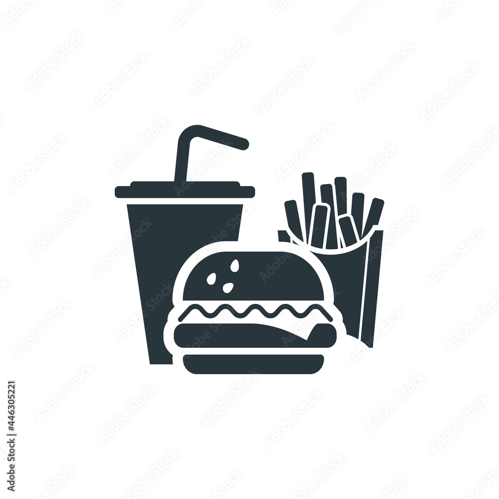 Tasty fast food, cocktail, fries and burger simple black icon on white Tasty fast food, cocktail, fries and burger simple black icon on white