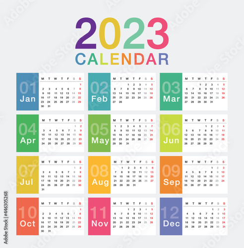 Colorful Year 2023 calendar horizontal vector design template, simple and clean design. Calendar for 2023 on White Background for organization and business. Week Starts Monday. photo