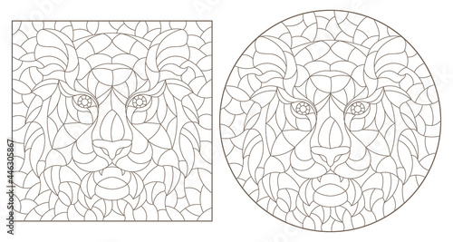 A set of contour illustrations in the style of stained glass with abstract tigers, dark contours on a white background