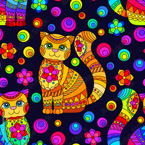 Seamless pattern with bright cats and flowers in stained glass style on a dark background