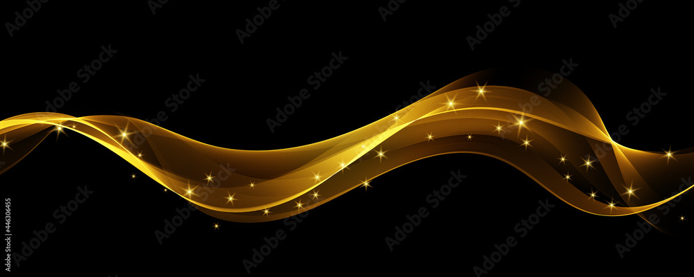 Gold color wave on black background Abstract stream of wavy lines with ...