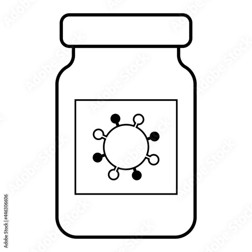 Ampoule with a sticker with the symbols of the coronavirus. Simple black linear drawing. Vaccination, vaccine, medication, drug, covid