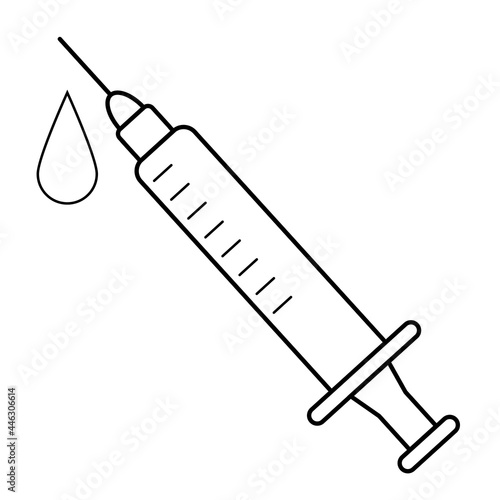Syringe with a drop. Simple black linear drawing. Vaccination, shot, vaccine, medicine, drug