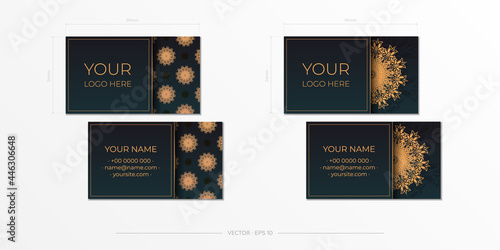 Dark green business cards template with decorative ornaments business cards  oriental pattern  vector illustration.