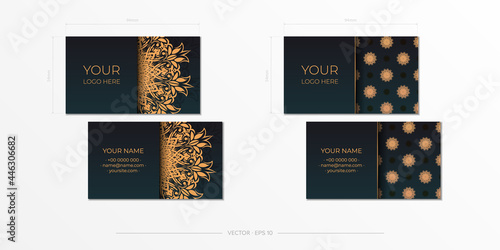 Dark green business cards template with decorative ornaments business cards  oriental pattern  vector illustration.