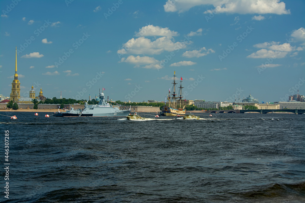 View of warships from the Palace Embankment of St. Petersburg on the eve of the Day of the Navy.