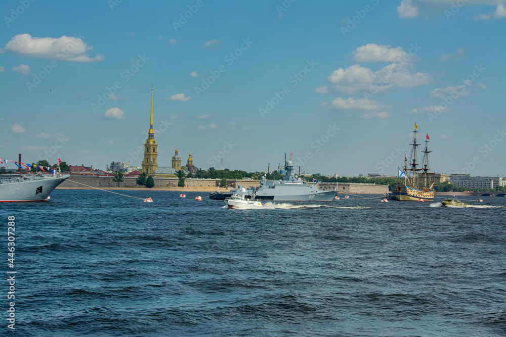 View of warships from the Palace Embankment of St. Petersburg on the eve of the Day of the Navy.