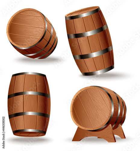 Realistic set of wooden barrels. Isolated oak casks with timber body and iron rings on white background. Vector realistic keg for whiskey, rum, cognac, wine, beer, kvass or other drinks
