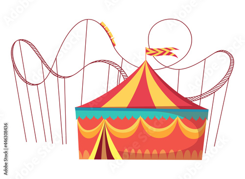 Amusement park attractions with roller coaster amusement rides and round circus tent. Vector illustration on white background